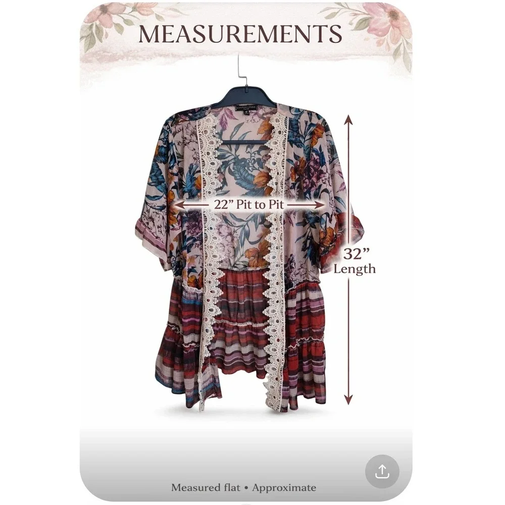 Signature Studio Plus Size 1X Floral Stripe Kimono Crochet Trim Cardigan - Picture 5 of 13